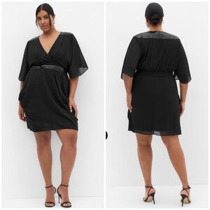 CITY CHIC Sequin Wrap Black Dress Short Sleeve Chiffon V-neck Sz 16 NWT